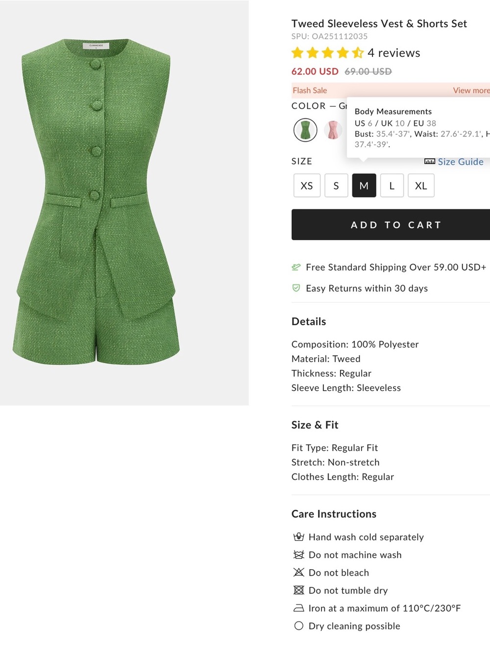 Commense Tweed Sleeveless Vest & Shorts Set - Green - Medium - Picture 3 of 11